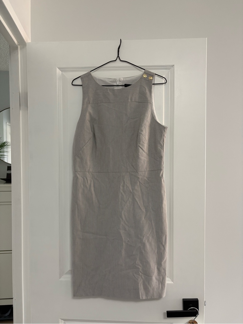 Sleeveless Light Gray/White Striped Sheath Dress - Classic Workwear